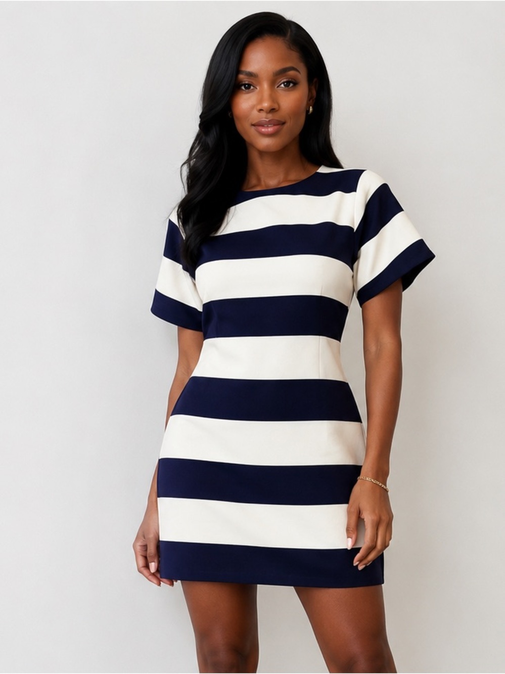 English Factory Navy and White Striped Short Sleeve Shift Dress
